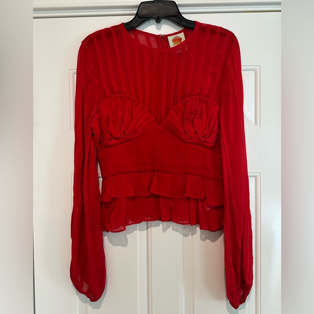 FARM Rio Bright Red Valentine’s Day Pleated Peplum Top Sz M NWT $198 - Picture 5 of 11